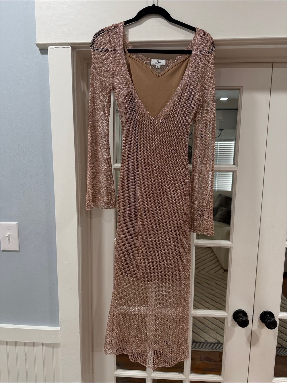 We are kindred Sheer Knit V-Neck midi Dress in rose gold